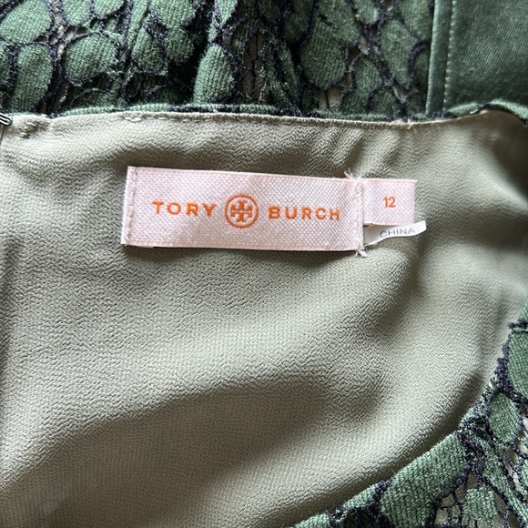 Tory Burch Mariana sheath dress Olive Green Black Jacquard Satin Lace Sz 12 - Picture 12 of 16